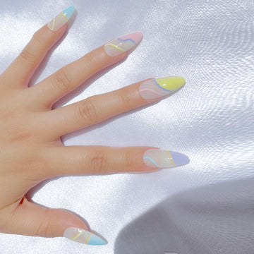 OPOOLA Almond Press on Nails Medium,Light stripe,OPOOLA Rainbow Jelly Soft Gel Fake Nails for Women Fit Natural,  Stick on Nails Reusable, 24pcs False Nails with Design Glue Art Kit